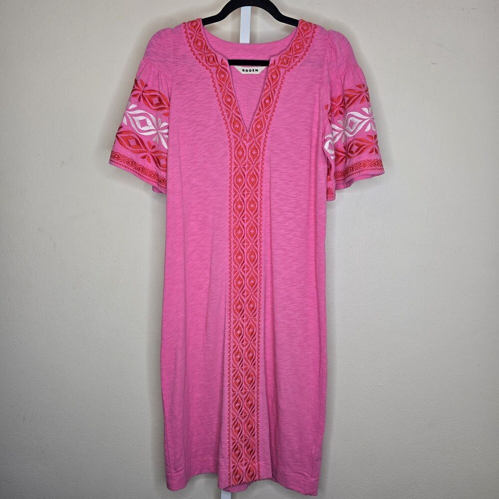 Boden Women's Pink Geometric Embroidered V-Neck Midi Shift Dress Cotton
